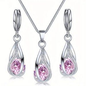 3 pcs, Pink Stone Jewelry Set, Earrings & Necklace.